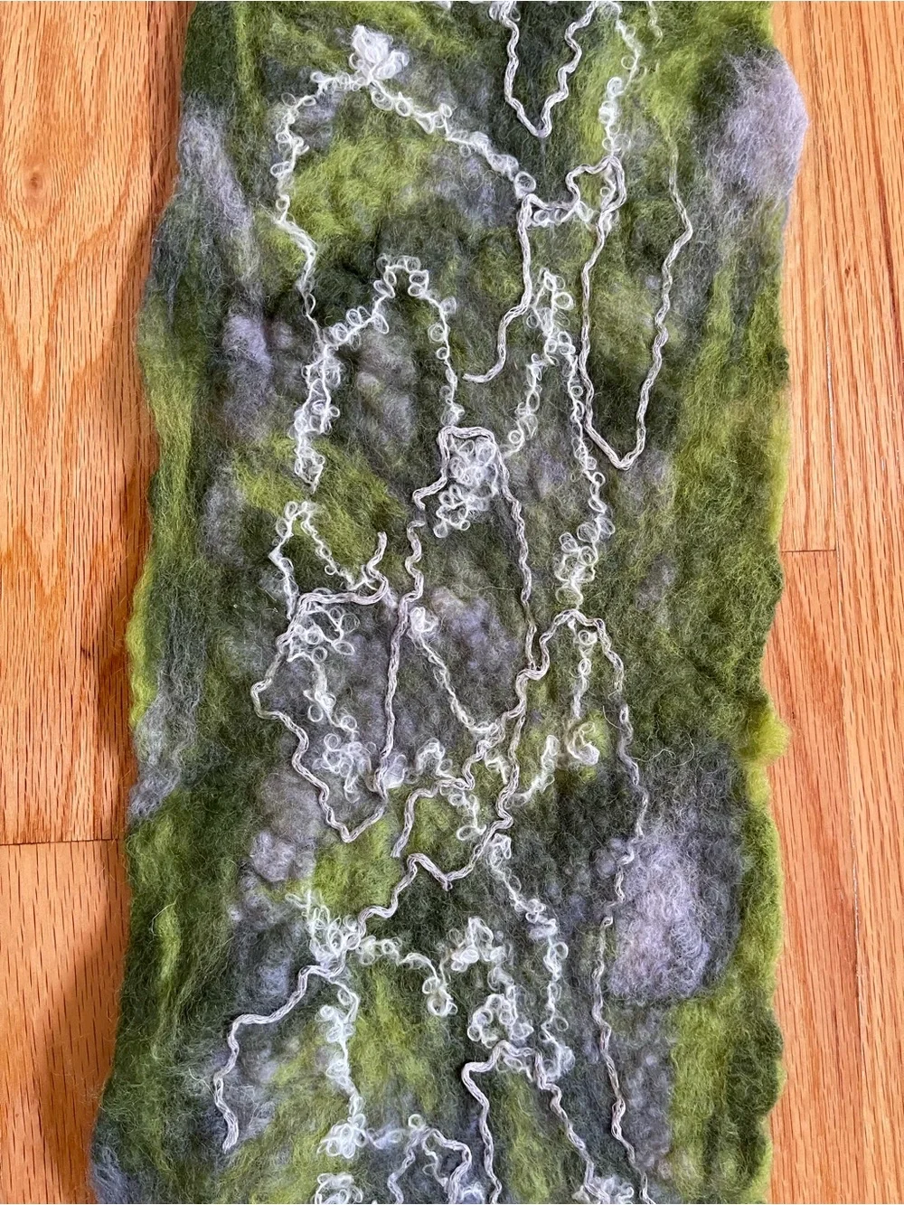 Olive Green and Gray Felted Merino Wool Scarf with White Embellished Yarns